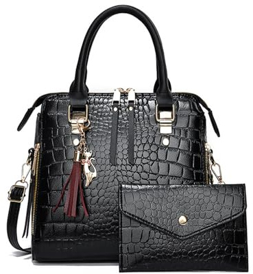 NICOLE & DORIS Borsa a Mano Donna Borse a Tracolla Borsa Set Coccodrillo Borsa a Spalla Vernice Borsetta Crossbody Borsa Delle Signore e Portafoglio Nero