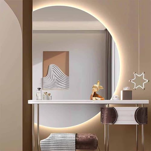 Decmiroor 70x110cm 80x120cm 90x130cm Halbrunder Beleuchteter Spiegel, LED-Badezimmerspiegel, Rahmenlos Beschlagfrei Wandspiegel, 3 Farben Dimmbar(Right Half,47)