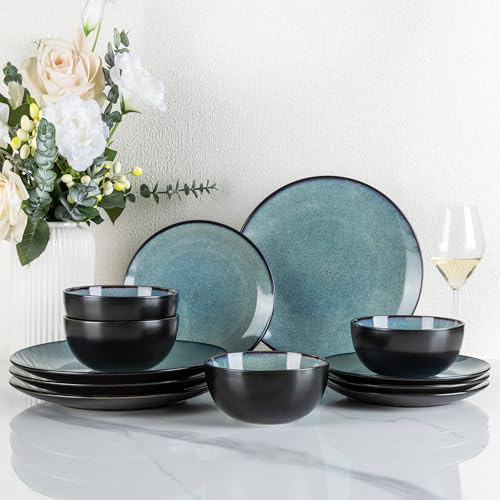 GBhome Stoneware Dinner Sets for 4 People, 12 Pieces Handcrafted Plates and Bowls Set, Scratch Resistant Dinnerware Set, Dishwasher & Microwave Safe Dishes, Mediterranian Blue