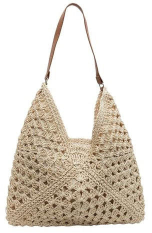 Strohtasche Damen Geflochtene Tasche, Sommer Korbtaschen Damen Mittelgroß Basttasche Boho Stroh Woven Bag Flechttasche für Strand Reisen Urlaub (weiß)