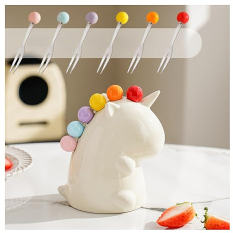 (6 Pieces) Fruit Fork Household Stainless Steel Light Luxury Storage Jar Set Cute Small Fork (White)