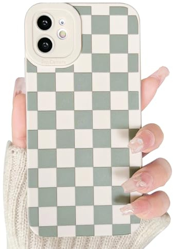NITITOP Compatible with iPhone 12 Mini Case Cute Checkerboard Checkered Aesthetic Pattern for Women Girl Lattice Plaid Soft TPU Shockproof Full Camera Protection Cover - White&Greyish Green