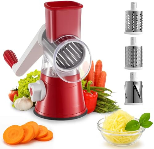 CROWNSHOP Rotary Cheese Grater Handheld Vegetable Slicer with 3 Stainless Steel Drum Blades for Vegetables Cheese Carrots Nuts Red