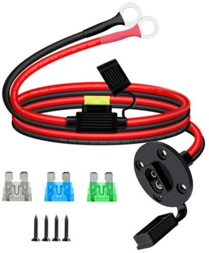 YINGAYOU SAE Cable con Terminal de Anillo 8mm 10AWG Conector SAE Batería Montaje Empotrado 12V 24V con Fusible Tapas Impermeables, para Motocicletas, Automóviles (10 AWG, 1 m)
