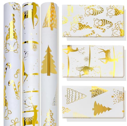 Niviy Weihnachtsgeschenkpapier Goldfolie Weiß,3 Rollen 43CM x 3M Geschenkpapierrolle mit Elch Weihnachtsbaum,Glänzendes Geschenkpapier für Weihnachten,Kindergeburtstag,Hochzeit,Winter Partys