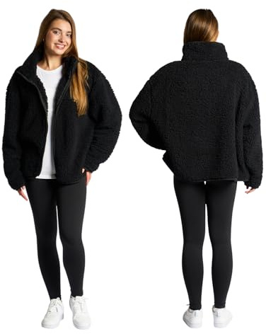 OHS Black Teddy Fleece Jacket Mens, Full Zip Up Coat for Women Men Ultra Soft Cosy Long Sleeve Sweatshirt Casualwear Winter Fleece Jacket for Travel & Hiking, S/M
