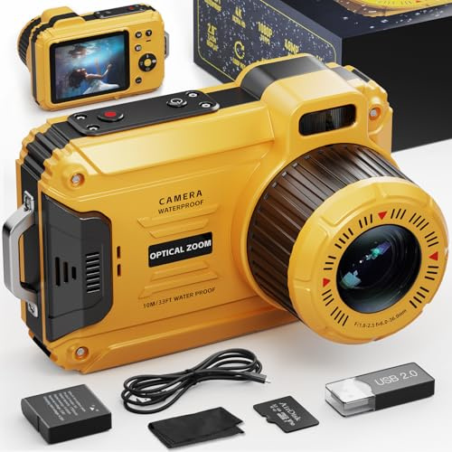 NBD Waterproof Camera 2.7K 48MP - 5M IPX8 with 6x Optical Zoom & EIS Stabilization, Underwater Travel Vlogging Camera with 32GB Card & Strap