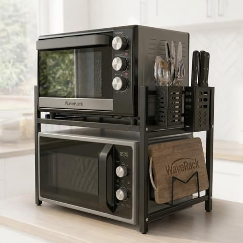 Expandable Microwave Stand & Shelf – 2 Tier Kitchen Organiser Rack, Black