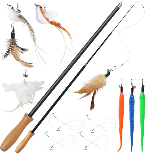LIAILA 14 Piezas de Juguetes para Gatos Que contienen 2 cañas de Pesca largas de Gatos (42-110 cm), 4 líneas, 2 pájaros, 3 Plumas y 3 Insectos. Juguetes Gatos Interactivos con Campanas