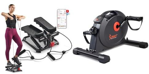 Sunny Health & Fitness Under Desk Dual Function Smart Mini Arm & Leg Pedal Exerciser Cycle Bikes + Total Body Smart 2-in-1 Stepper Machine, Total Body Workout, Adjustable Hydraulic, LCD Monitor