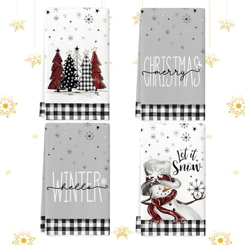 Tadpolez 4er Set Weihnachts-Küchentücher Geschirrtücher 40x60 cm - Baumwolle Weihnachtsmuster für Küche, Bad & Winterdeko - Festliche Handtücher Servietten Geschenk Set