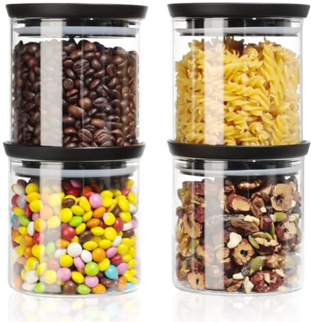 Romon Tarros De Cristal Con Tapa, 4 Botes De Cristal Apilables 600ml, Herméticos, para almacenar cereales, galletas, pasta italiana y granos de café