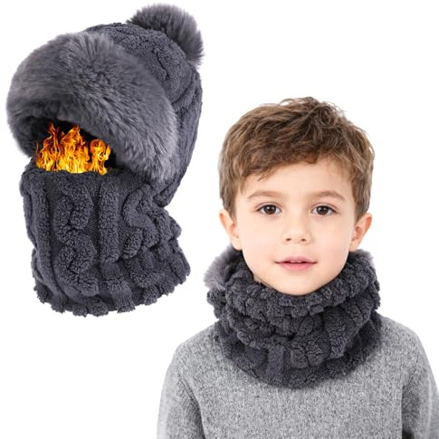 TAGVO Cappelli in Maglia Invernale Antivento per Bambini 4-9 Anni, 3 in 1 Cappello e Scaldacollo Antivento con Caldo Spesso Pile, Traspirante Elastico Passamontagna per Ragazzi e Ragazze