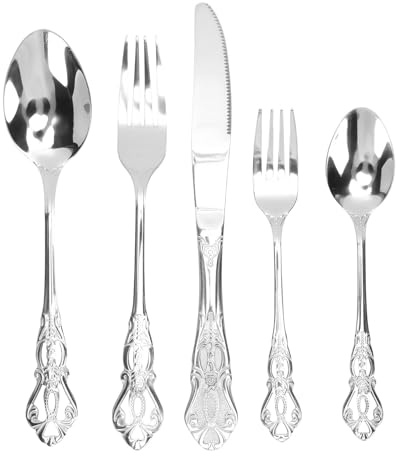 Oreilet 20-teiliges Vintage-Besteckset für 4 Personen, Besteckset aus Edelstahl mit Tafelmessern Gabeln Löffeln, Retro-Besteck-Utensilien-Sets, Spülmaschinenfest für Hochzeitsfeiern (SILVER)