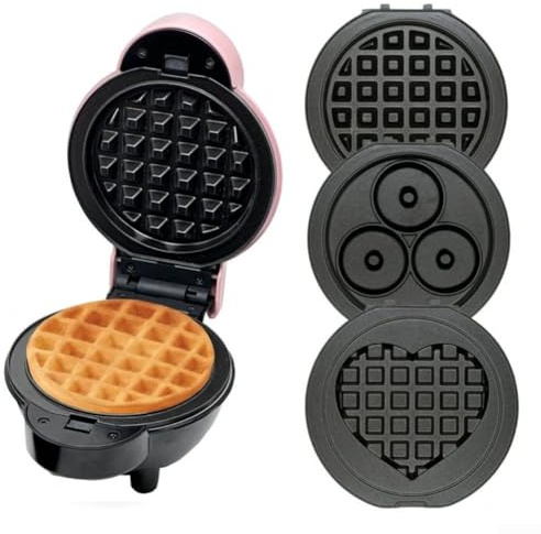 Mini gaufrier 4 en 1 avec plaques amovibles, machine à pain pour petit déjeuner pour créer des gaufres, des crêpes et des beignets rapidement et facilement (rouge trois)