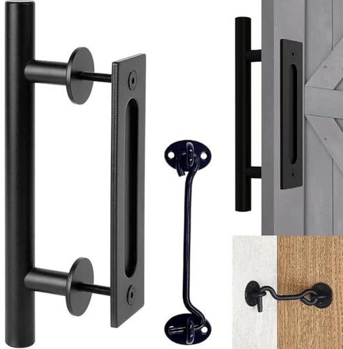Besttoolifes Maniglia per porta scorrevole e kit hardware con serratura a scatto, finitura nera opaca per porte interne ed esterne, cancelli e armadi