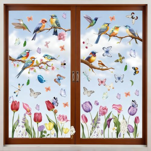 GUO-YING Generic Fensteraufkleber Blumen Schmetterlinge, Grün Gras Blumenwiese Fenstersticker, Frühling Sommer Glas Fensterdeko Abziehbilder für Home Wohnzimmer (Frühling)