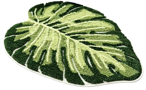 VELAJA Tappeto Bagno Verde 50x80 cm, Forma Foglia di Monstera, Tappetino Doccia Morbido e Assorbente, Antiscivolo con Retro in TPR, Tappeto per Bagno Lavabile in Lavatrice