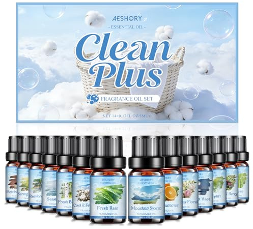 AESHORY Rengöring eteriska oljor set plus 14 x 5 ml, färsk ren doftolja för luftfuktare - april rengöring, fantastiskt blommor, färskt regn, våruppvaknande