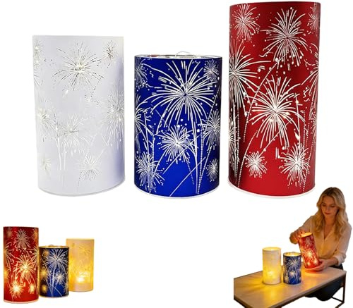 Set of 3 Celebration Hurricanes,Etched Firework Starburst Glass Pedestals with Warm White LED Lights,Starry Night Firework Glass Hurricanes for Bedroom Dining Table Holiday July 4th Decor (Multicolor)