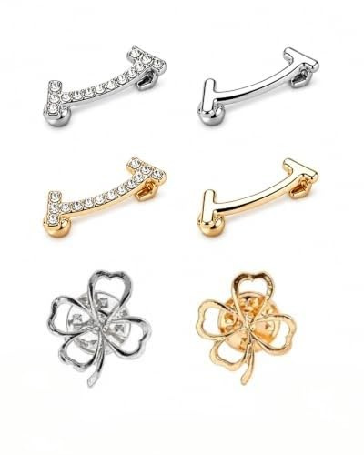JIRVEX Lot 6 broches anti-ouverture femme décolleté, épingles sécurité mode doré argenté, trèfle, strass, accessoire élégant vêtement chemise cadeau original