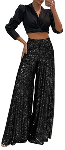 Paljettbyxor för kvinnor, bred veckad glitter hög midja Palazzo byxor, casual Marlene-byxor, lös passform vida ben, eleganta kulottes, Svart, XXL