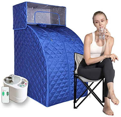 Smartmak Ensemble sauna à vapeur de 2 L avec télécommande, boîte chauffante pour une personne avec housse de tête et kit de chaise pour perte de poids et thérapie détox - Bleu