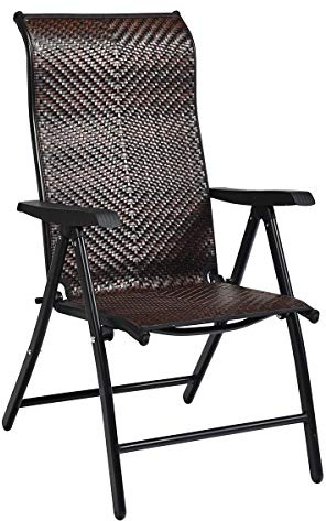 Tangkula Foldable Patio Wicker Dining Chair, Portable High Back Outdoor Wicker Chair with 5-Level Adjustable Backrest, No Assembly Reclining Chairs for Porch Deck Garden Balcony
