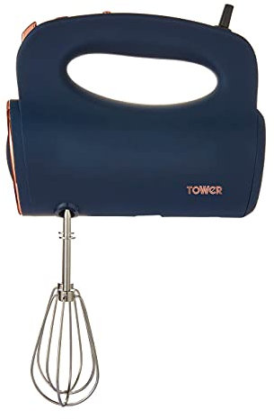 Tower T12061MNB Cavaletto Hand Mixer with Stainless Steel Beaters, Dough Hooks, 5 Speeds, 300W, Midnight Blue and Rose Gold