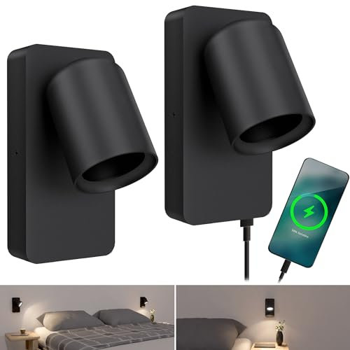 SSC-LUXon NERU 2 Stück Wandleuchte scandi schwarz drehbar - Leselampe Schlafzimmer mit USB Anschluss, Lichtschalter, GU10 Fassung