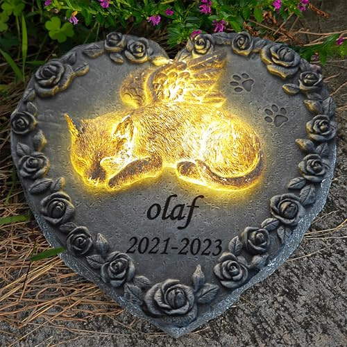 Personalisierte Katze Gedenkstein mit Solarbetriebener LED Beleuchtung, Engelsflügel Katze Gedenkstein, Solar Katze Engel Gartendeko Gedenkstein für Außen, Schlafende Katze Solarbetrieben Grabstein