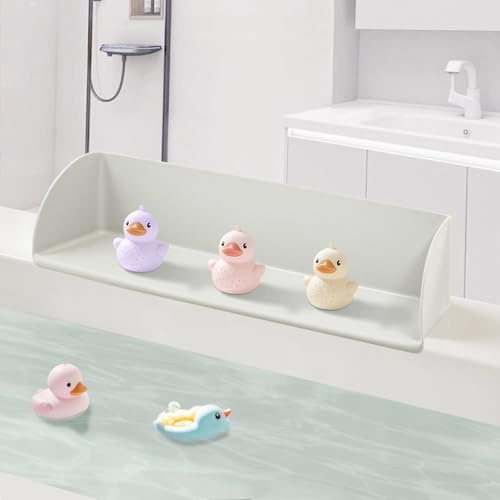 Silicone Bathtub Splash Guard with Strong Suction Cups, Bath Toy Holder & Water Spill Protector for Kids, No-Mess Play Shelf Organizer, Toddler Bath Essentials (White)