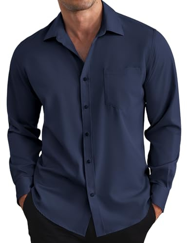 COOFANDY Hemd Herren Langarm Freizeithemd Langarmhemd Einfarbig Herrenhemd Langarm Businesshemd Regular Fit Männer Hemd mit Brusttasche Navy Blau XXL