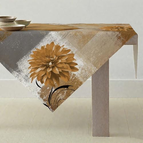 ViaElayu Tischdecke Orange Braun Retro Mitteldecke mit Blume Bauernhaus Tischdekoration Rustikales Ölgemälde Abwaschbar Klein Tischdecke Akzenttisch Dekoratives 85x85cm Tablecloth für Küche Urlaub