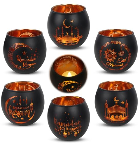 RNPKZ Ramadan Glass Tea Light Candle Holders, 6PCS Candle Holder Table Decoration Ramadan, BlackGold Glass Votive Tealight Candle Holder with Classic RamadanPattern for Muslim Islamic Party HomeDecor