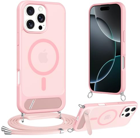 Jrkvniv Cover Magnetica per iPhone 15 Pro Max 6,7 Pollic con Cordino [Supporto integrato] Custodia con Laccio Tracolla Regolabile Collana, Protezione Antiurto Militare Case Traslucida Opaca, Rosa