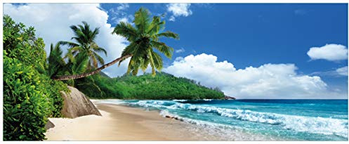 Wallario Glasbild Urlaub auf den Seychellen unter Palmen am Sandstrand - 50 x 125 cm Wandbilder Glas in Premium-Qualität: Brillante Farben, freischwebende Optik