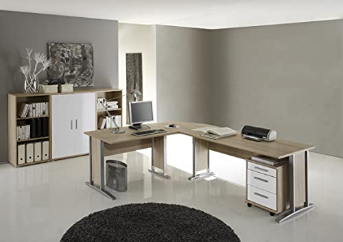 moebel-dich-auf Arbeitszimmer mit Winkelschreibtisch komplett Set Office Line mit Highboard in Eiche Sonoma/Weiss