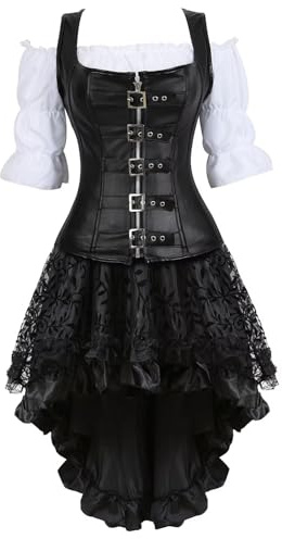 jutrisujo Korsett Steampunk Corsage 3-teiliges Set Corsagenkleid Piraten Kostüm mit Spitzenrock und Bluse für Halloween