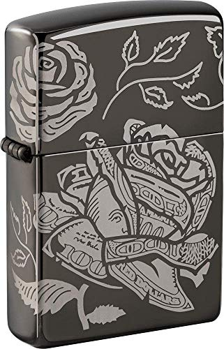 Zippo Sturmfeuerzeug - Dollar Rosen - Black Ice, Schwarz - Laser 360° - Wiederverwendbar - Windfestes Benzinfeuerzeug - Geschenkbox - Made in USA