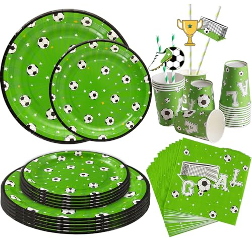 SUNBEAUTY Fußball Party Dekorationen Fussball Deko Geburtstag Kinder Fussball Partygeschirr 16 Pappteller, 16 Pappbecher, 16 Dessertteller, 16 Servietten, 20 Strohhalme für 16 Gäste