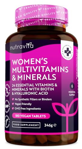 Multivitamine & Mineralien für Frauen - 24 essentielle aktive Vitamine & Mineralien mit zusätzlicher Hyaluronsäure - 180 vegane Tabletten - keine synthetischen Füllstoffe oder Bindemittel - Nutravita