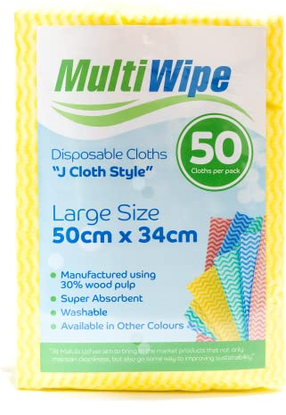 MultiWipe 50 Large yellow disposable cleaning cloths |J cloth style. | Made with 30% wood pulp | 50cm x 34cm | Also available in packs of 100 and 500