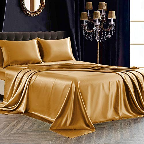 SiinvdaBZX Juego de 4 sábanas de satén tamaño Queen, Ultra sedosas, Suaves, de satén Dorado con Bolsillo Profundo, 1 sábana Bajera, 1 sábana encimera, 2 Fundas de Almohada con Cierre de sobre