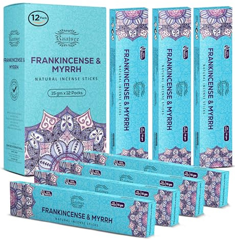 Raajsee Weihrauch & Myrrhe Natürlich Räucherstäbchen 15 g x 12 Packung, 100% Rein Organisch Handgerollt, Frei Von Chemikalien, Perfekt Für Die Kirche, Aromatherapie, Meditation, Positivität