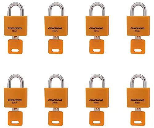 CINCINNO Set mit 8 kleinen Schlössern, verdecktes Aluminium-Vorhängeschloss, gleichschließend, 30 mm, wetterfestes Schloss mit gleichem Schlüssel, Outdoor-Vorhängeschloss für Schuppen,
