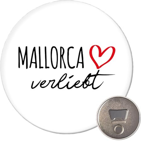 Huuraa Magnet Mallorca verliebt Geschenk | 59mm Kühlschrankmagnet rund Flaschenöffner Geschenkidee dekorativer Magnet für Magnettafel, Kühlschrank oder Whiteboard