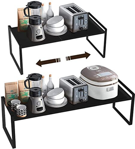 Jamiukro Erweiterbarer Küchenregal Organizer für Küchenschrank und Arbeitsplatten,Verstellbarer Küchenschrank Regal Gewürzregal Lagerregal für Küche Theken Speisekammer Badezimmer,Schwarz