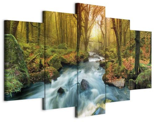 B&D XXL - Tableau décoratif paysage 150x75 cm - Impression sur toile colorée - Décoration murale pour salon et chambre - Arbres paysage forêt feuilles nature paysage plantes rivière c-A-0004-b-a
