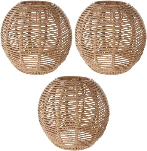 Angoily 3 Stücke Gewebt Lampenschirm Retro Rattan Gewebt Korb Decke Hängelampe Abdeckung Vintage Kronleuchter Lampenschirm für Esszimmer Wohnzimmer, 14 x 15 x 15 cm (Durchmesser des Mittellochs: 4cm）